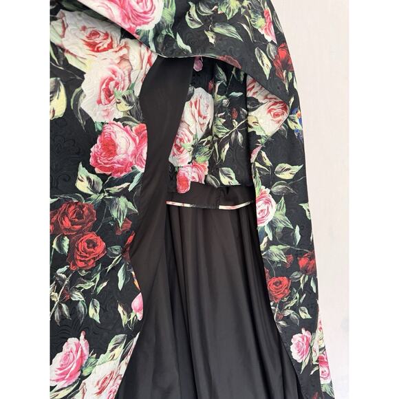 Sherri Hill Formal Gown Size 14 Black Red Floral Strapless High-Low Train - Picture 5 of 12